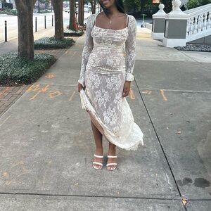 House of CB Artemis Long Sleeve Lace Maxi Dress in Vintage Cream